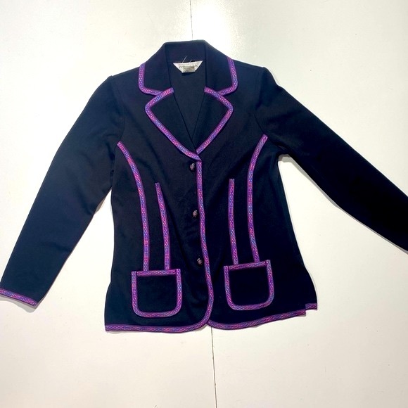 Exclusively Misook Petite Black With Pink/Purple Trim Butterfly Buttons Blazer - Picture 1 of 14
